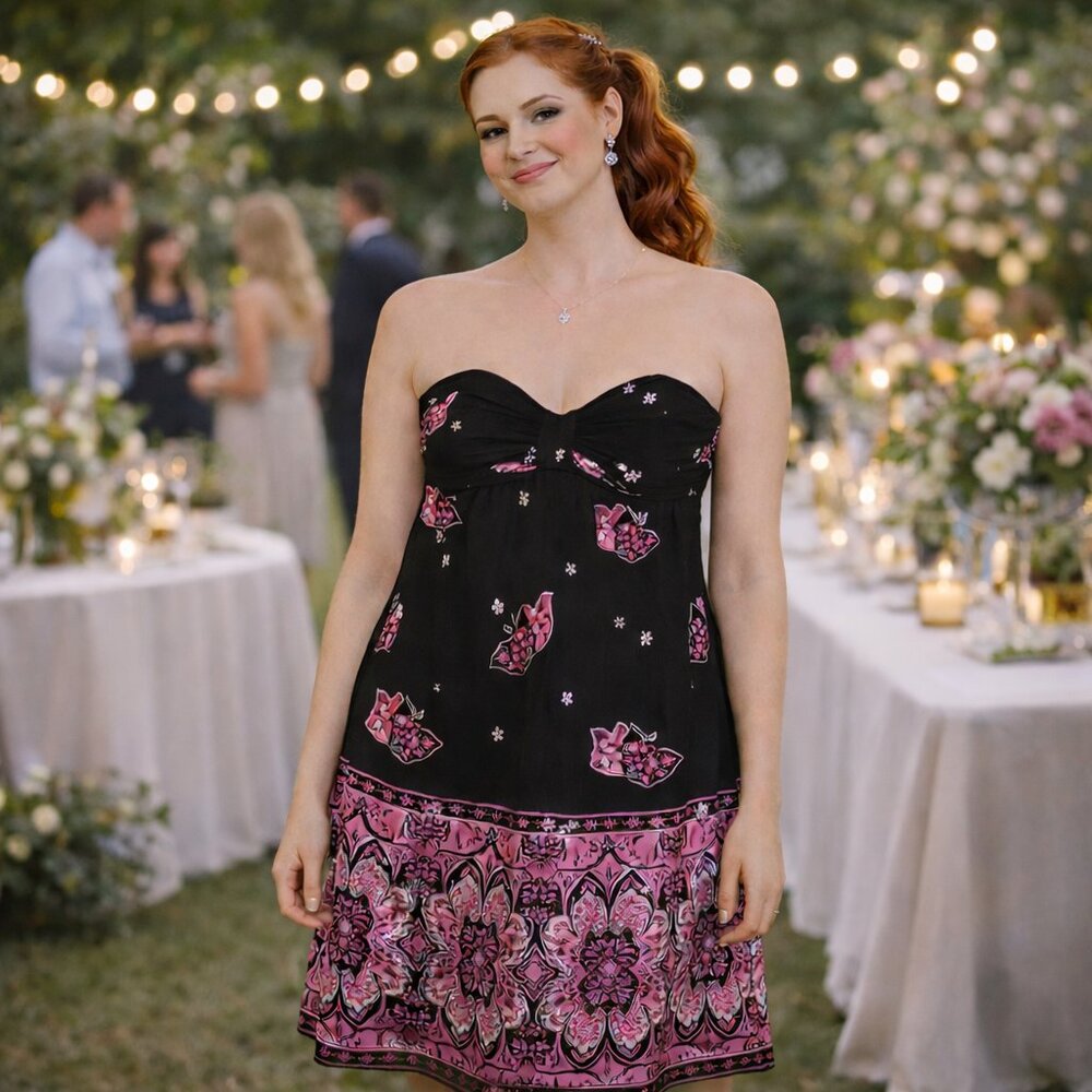 Shoshanna Silk Lotus Flower Strapless Dres…